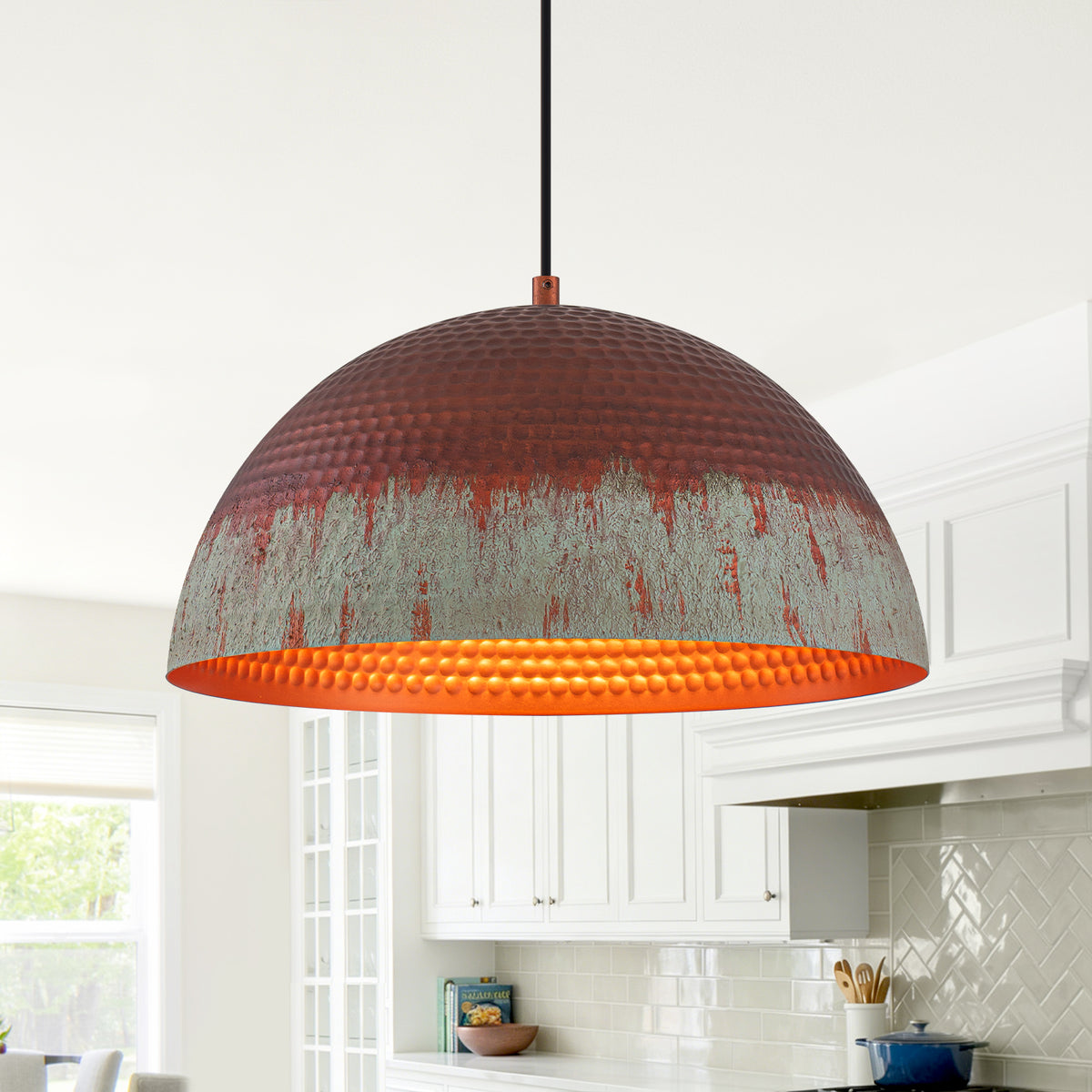 Red Copper & Patina Green Pendant Light Hammered Dome Metal Shade - product image 3 | Zenvolit