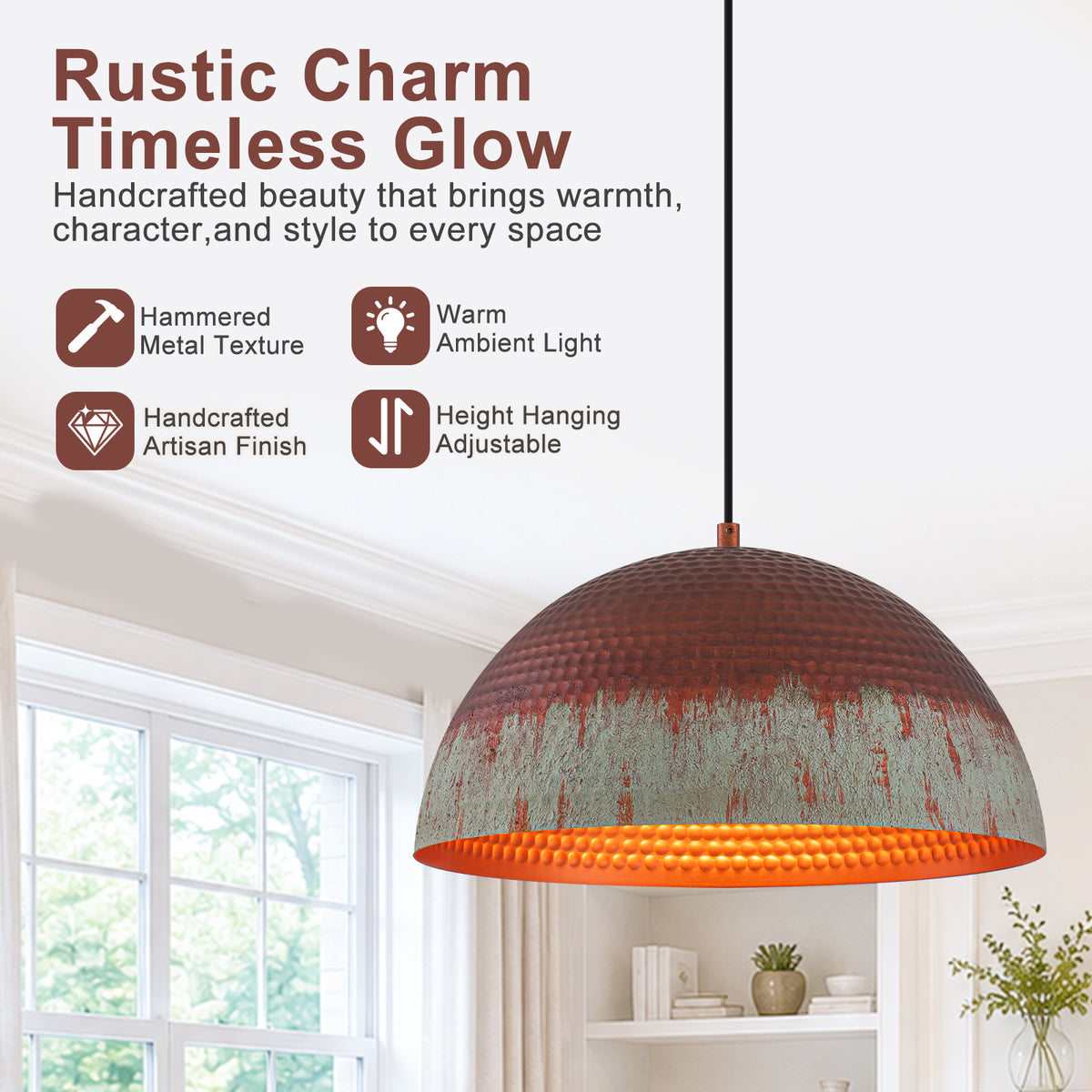 Red Copper & Patina Green Pendant Light Hammered Dome Metal Shade - product image 4 | Zenvolit