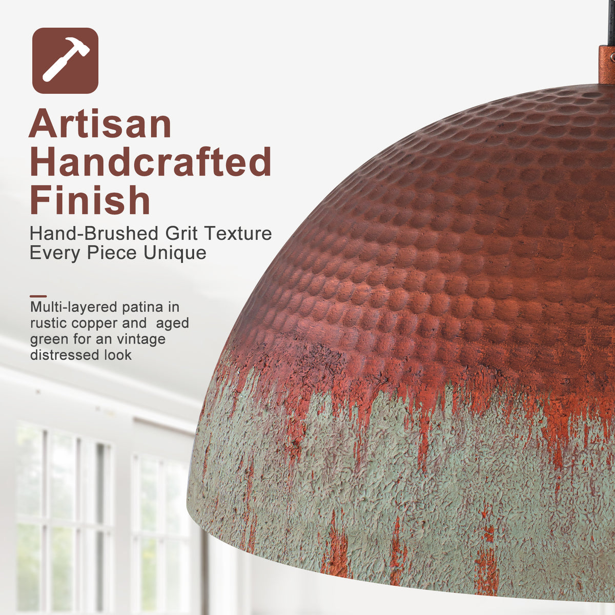 Red Copper & Patina Green Pendant Light Hammered Dome Metal Shade - product image 5 | Zenvolit