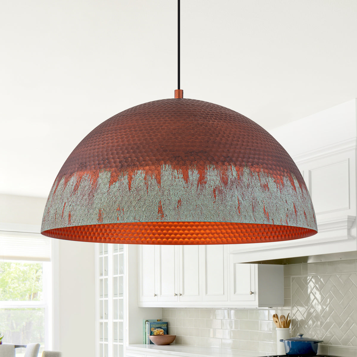 Red Copper & Patina Green Pendant Light Hammered Dome Metal Shade - product image 3 | Zenvolit