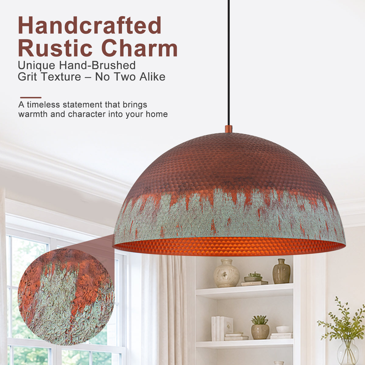 Red Copper & Patina Green Pendant Light Hammered Dome Metal Shade - product image 5 | Zenvolit