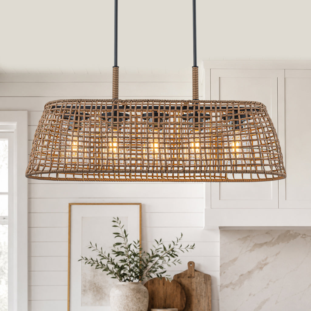 5 Light Rattan Chandelier Glass Shades Boho Pendant Light Kitchen - product image 2 | Zenvolit
