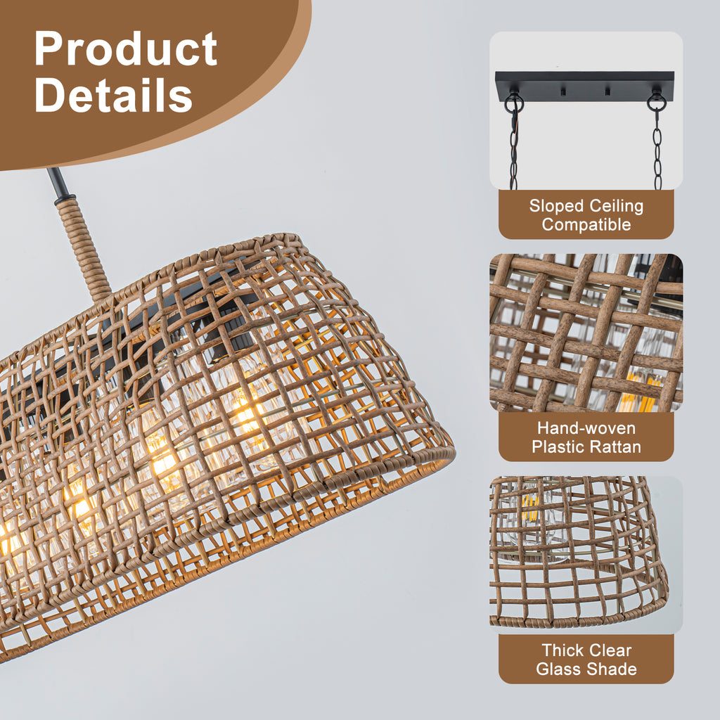 5 Light Rattan Chandelier Glass Shades Boho Pendant Light Kitchen - product image 7 | Zenvolit