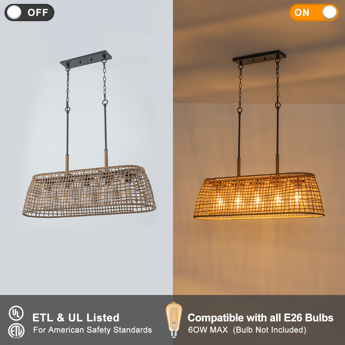 5 Light Rattan Chandelier Glass Shades Boho Pendant Light Kitchen - product image 8 | Zenvolit