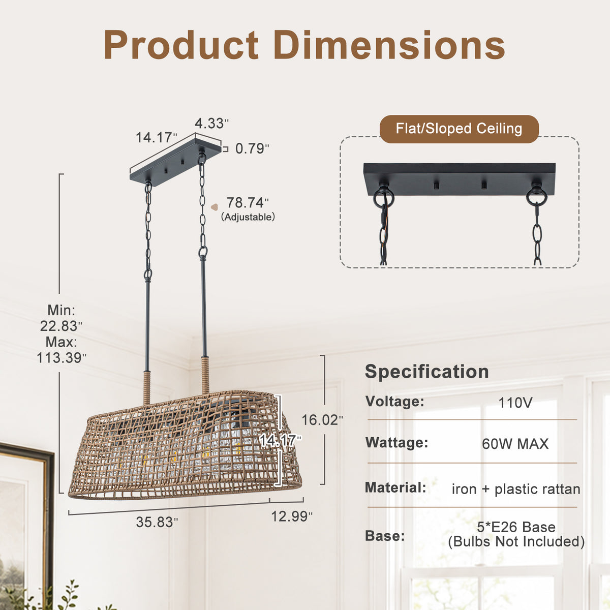 5 Light Rattan Chandelier Glass Shades Boho Pendant Light Kitchen - product image 9 | Zenvolit