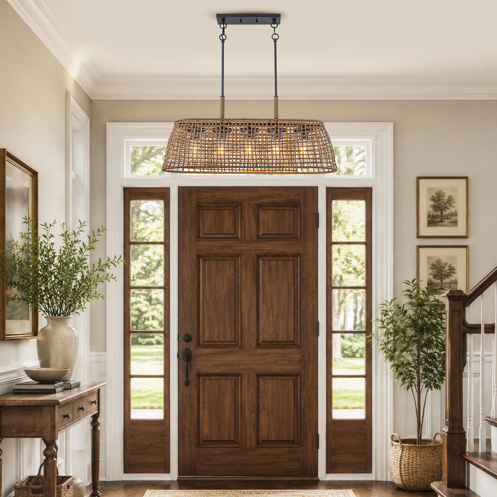 5 Light Rattan Chandelier Glass Shades Boho Pendant Light Kitchen - product image 12 | Zenvolit