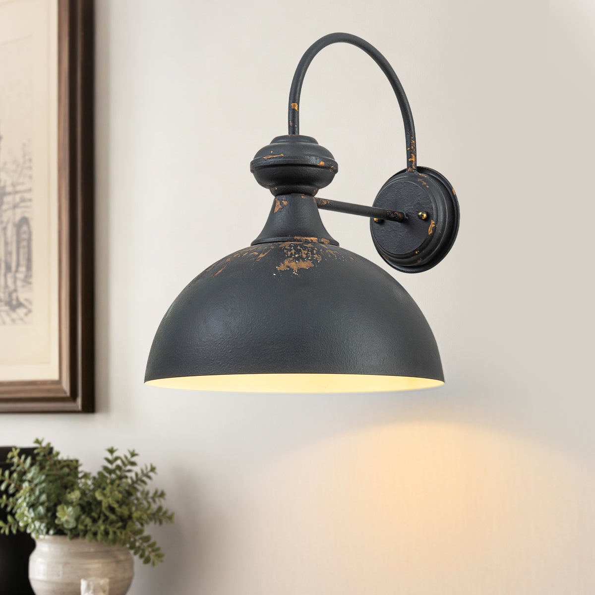 Farmhouse Distressed Black Wall Sconce Dome Metal Shade Hallway - product image 2 | Zenvolit
