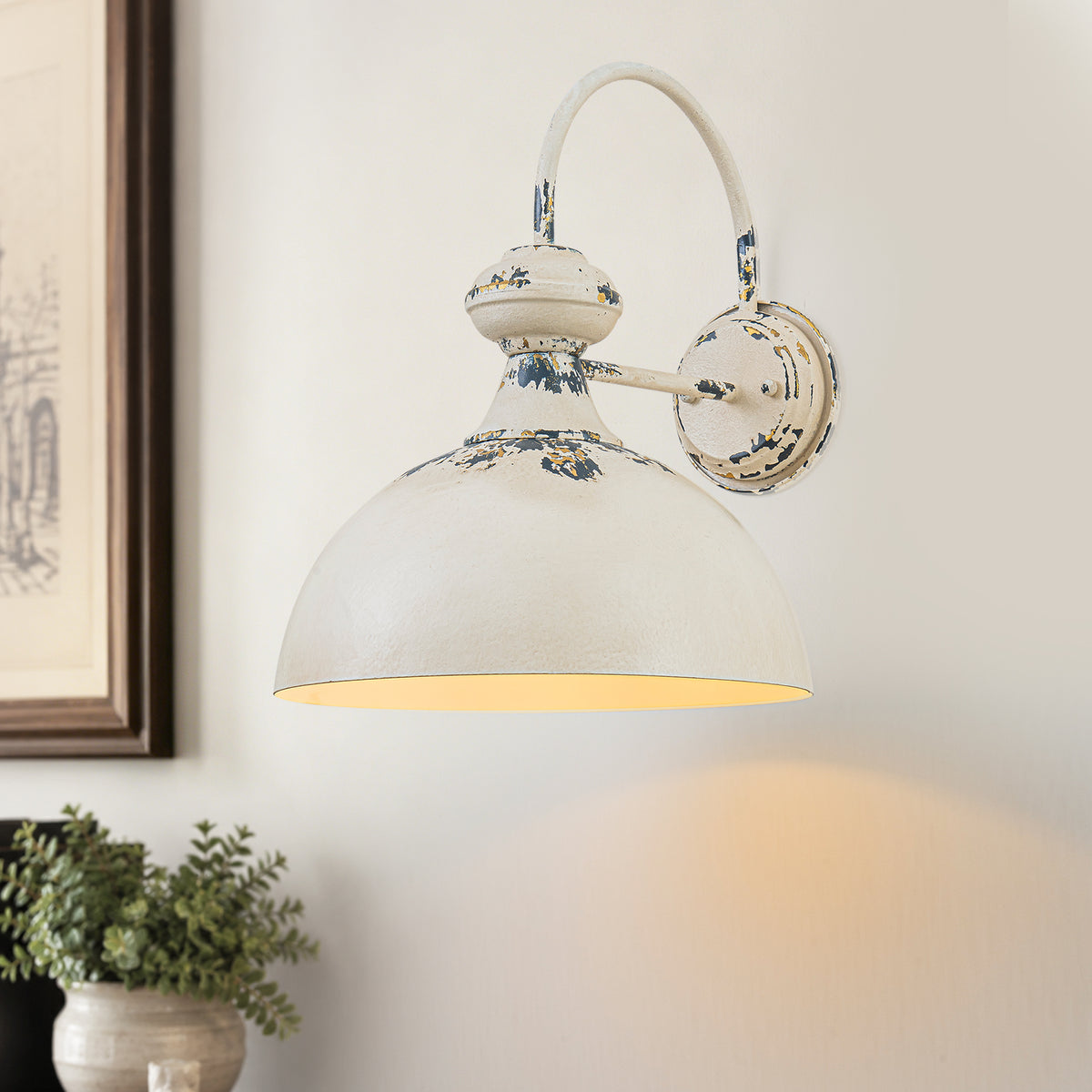 Farmhouse Distressed White Wall Sconce Dome Metal Shade Hallway - product image 2 | Zenvolit