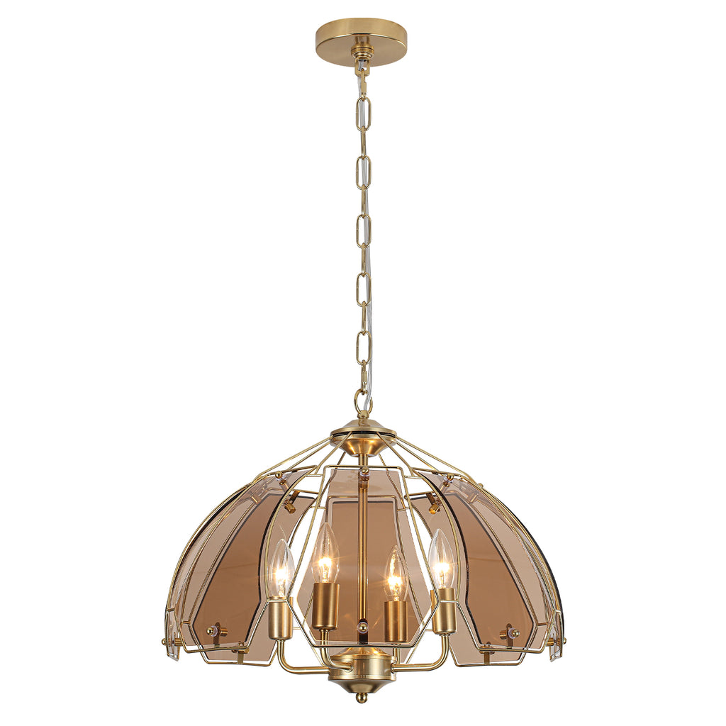4-Light Brass Pendant Light Curved Amber Glass Shade Kitchen Island - product image 1 | Zenvolit