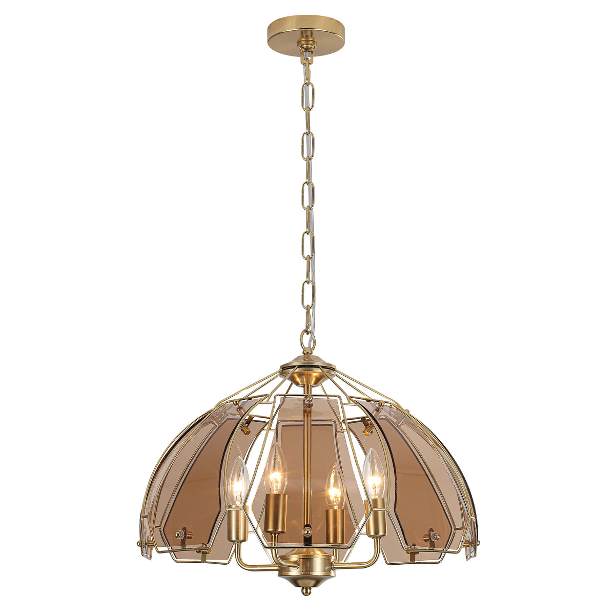 4-Light Brass Pendant Light Curved Amber Glass Shade Kitchen Island - product image 1 | Zenvolit