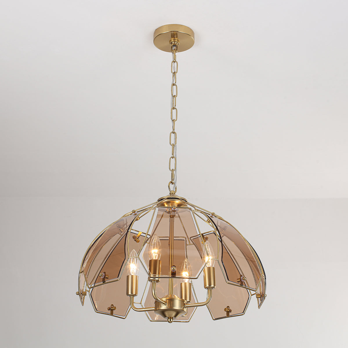 4-Light Brass Pendant Light Curved Amber Glass Shade Kitchen Island - product image 3 | Zenvolit