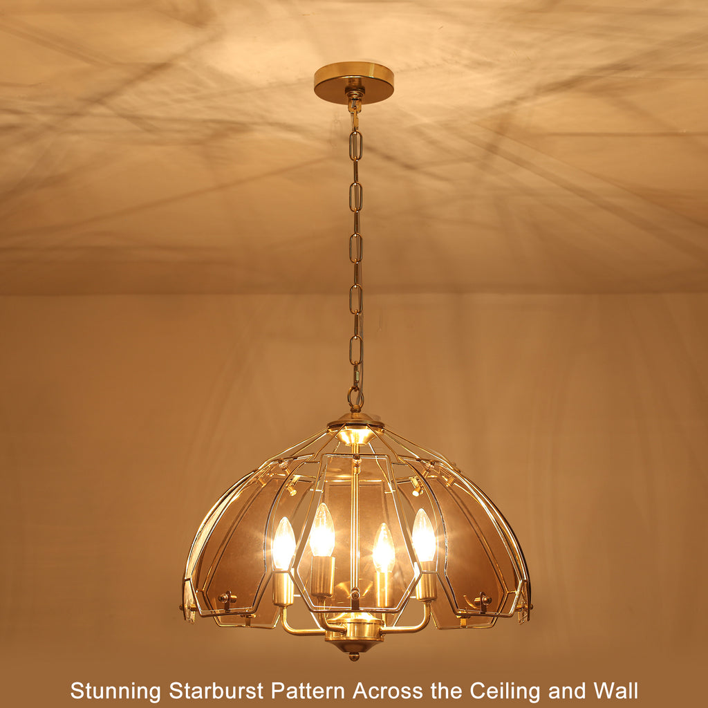 4-Light Brass Pendant Light Curved Amber Glass Shade Kitchen Island - product image 4 | Zenvolit