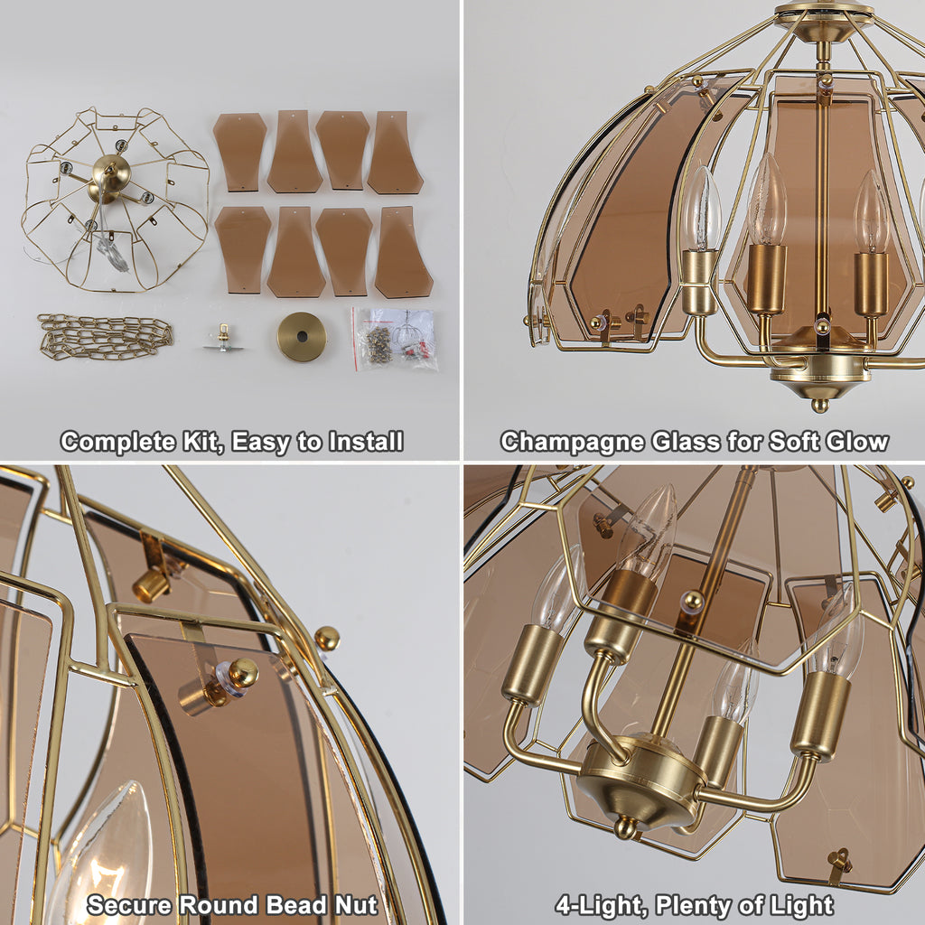 4-Light Brass Pendant Light Curved Amber Glass Shade Kitchen Island - product image 5 | Zenvolit