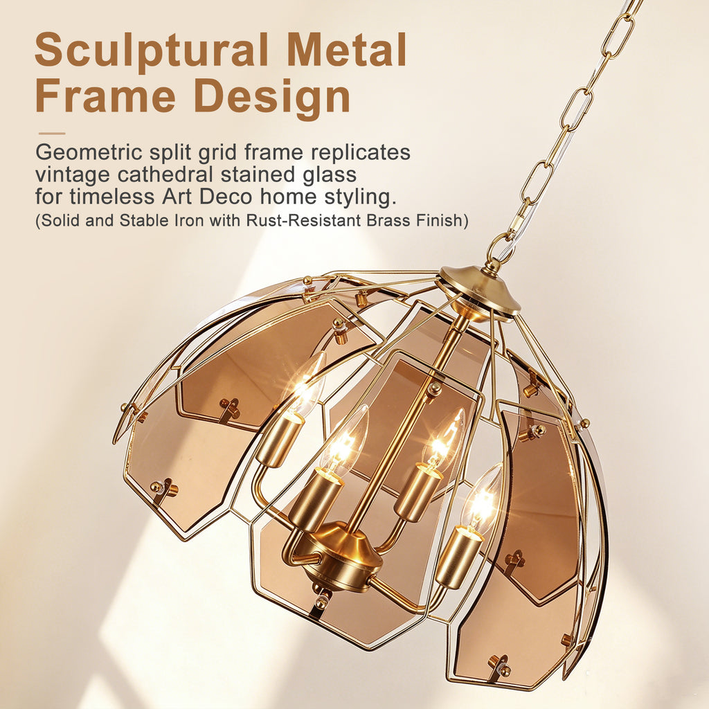 4-Light Brass Pendant Light Curved Amber Glass Shade Kitchen Island - product image 6 | Zenvolit
