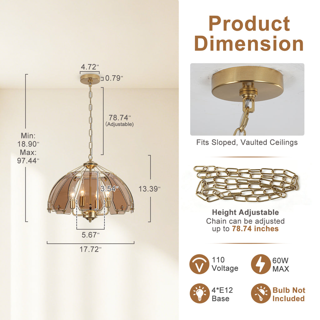 4-Light Brass Pendant Light Curved Amber Glass Shade Kitchen Island - product image 8 | Zenvolit