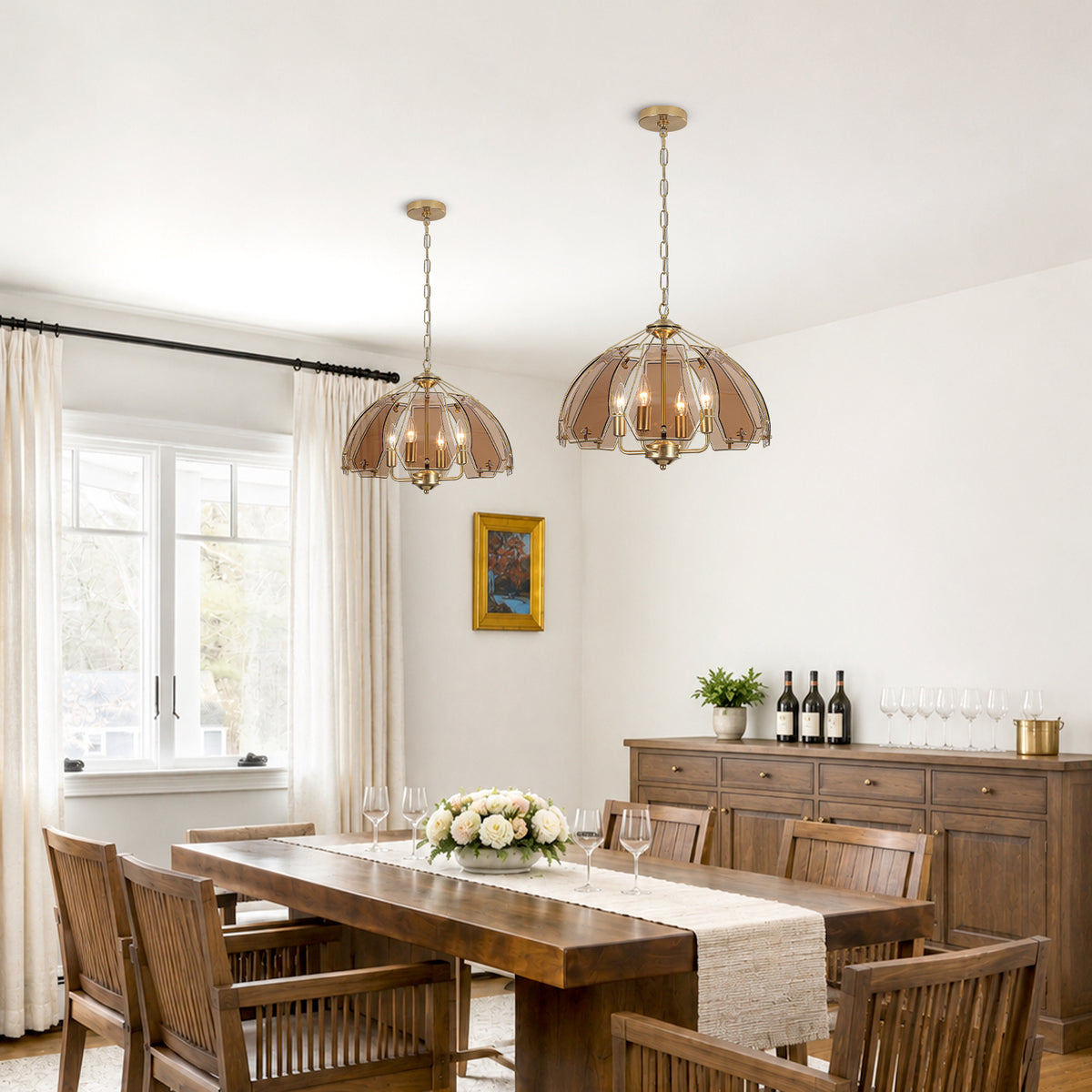 4-Light Brass Pendant Light Curved Amber Glass Shade Kitchen Island - product image 11 | Zenvolit