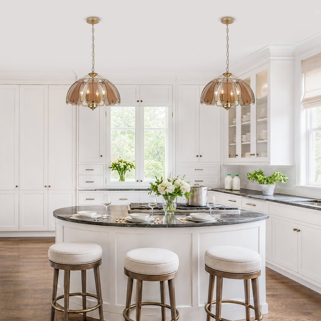 4-Light Brass Pendant Light Curved Amber Glass Shade Kitchen Island - product image 13 | Zenvolit