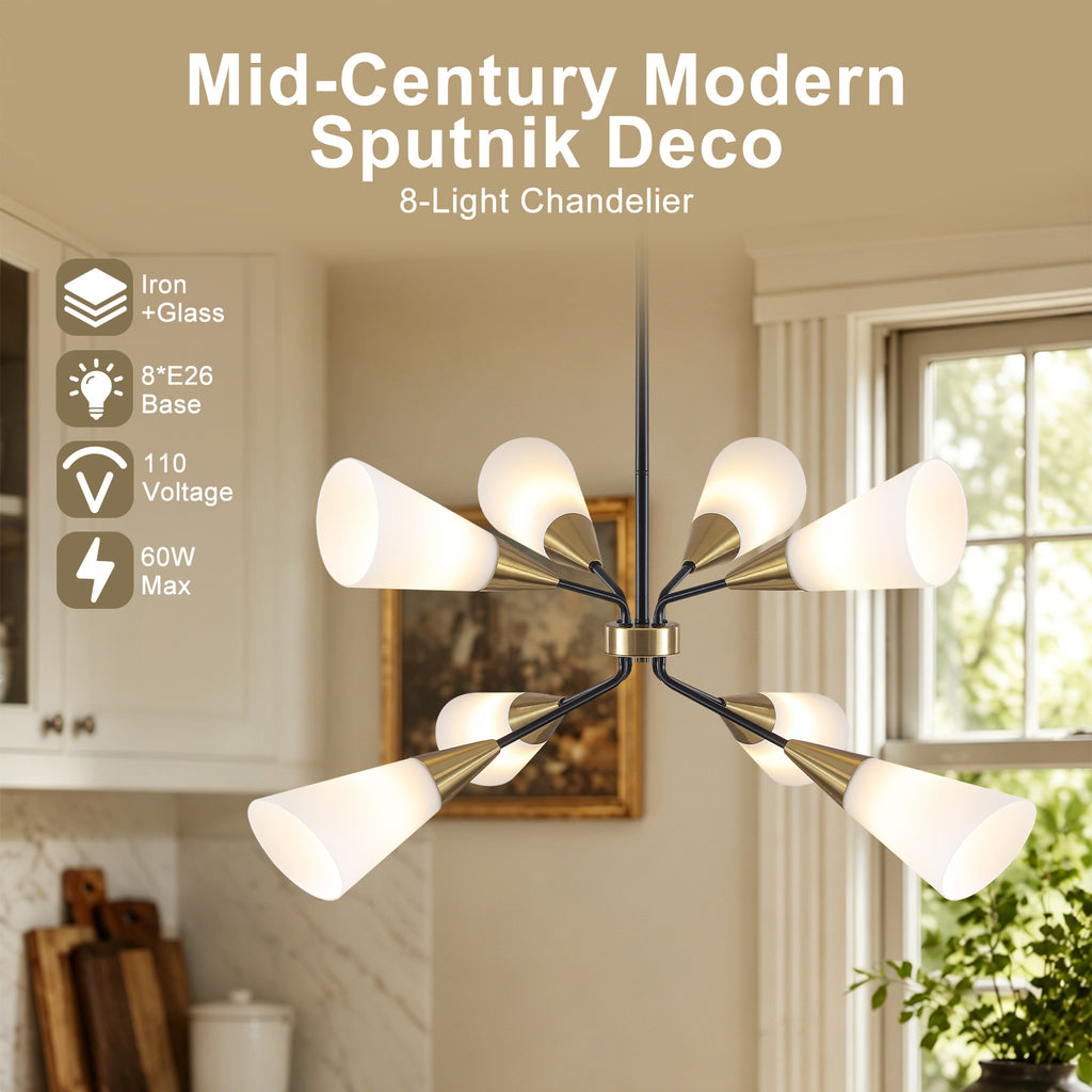 8-Light Sputnik Chandelier Milk Flared Glass Pendant Light Dining Room