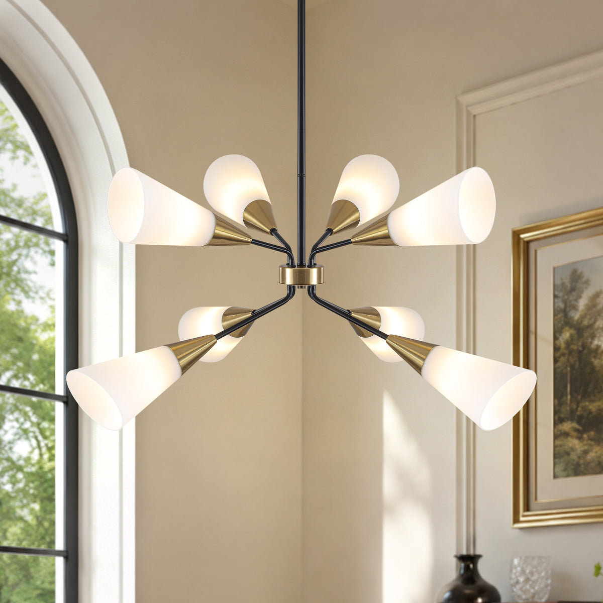 8-Light Sputnik Chandelier Milk Flared Glass Pendant Light Dining Room