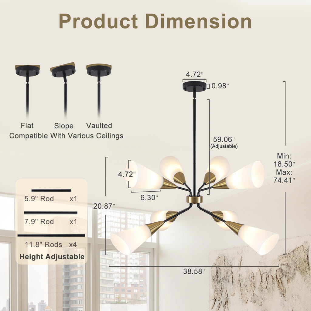 8-Light Sputnik Chandelier Milk Flared Glass Pendant Light Dining Room