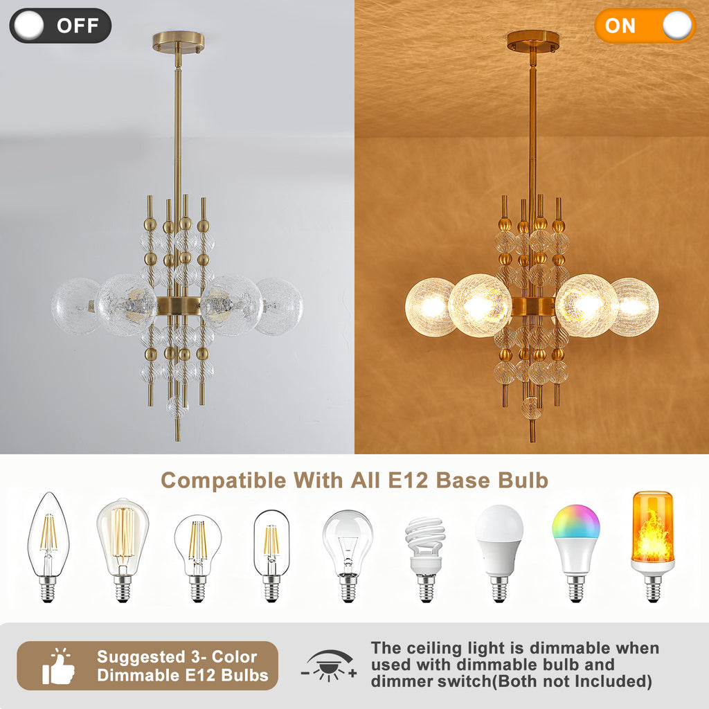 6 Light Crackle Glass Chandelier Clear Glass Globes Modern Dining