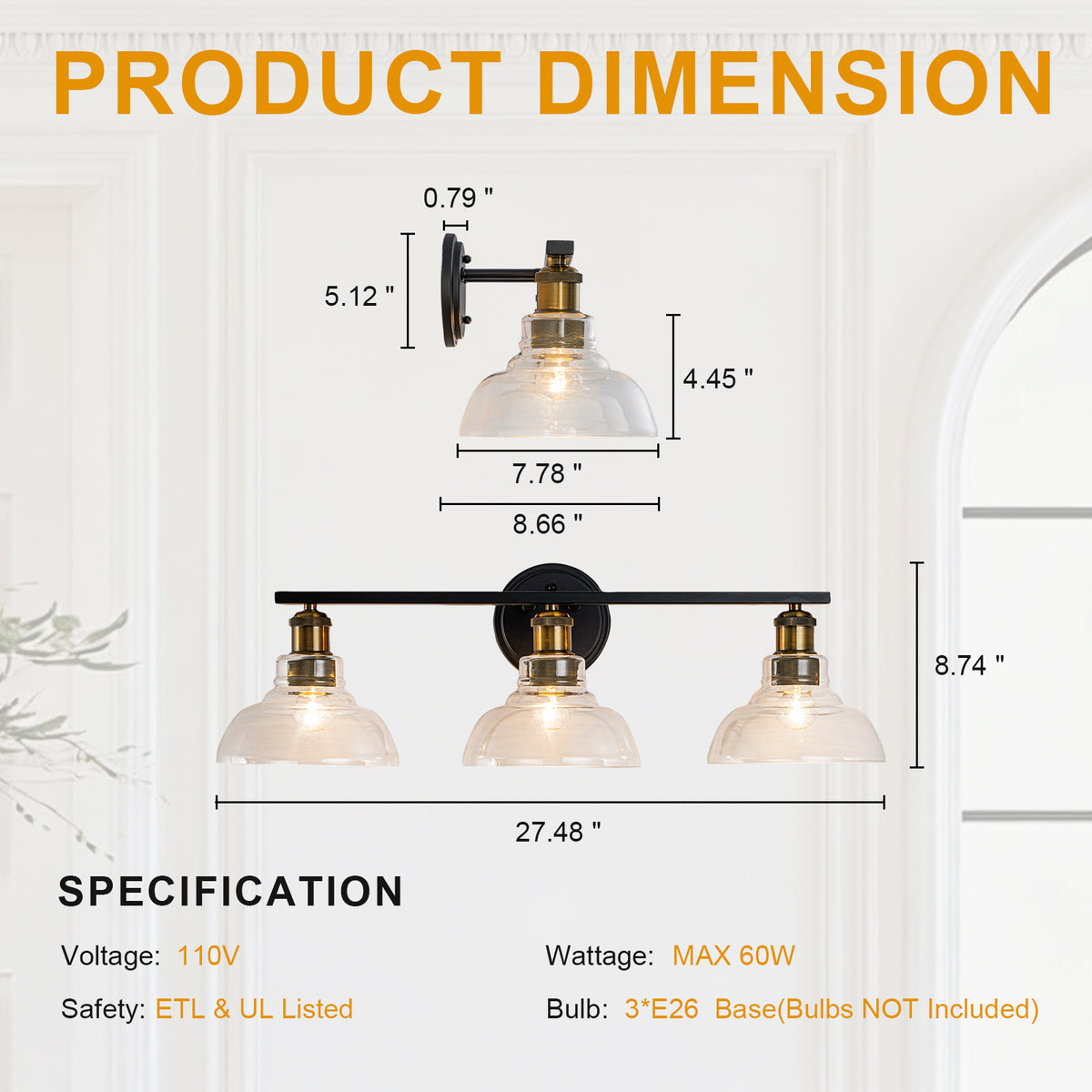 3-Light Bathroom Vanity Light Modern Clear Schoolhouse Glass Shades - product image 9 | Zenvolit