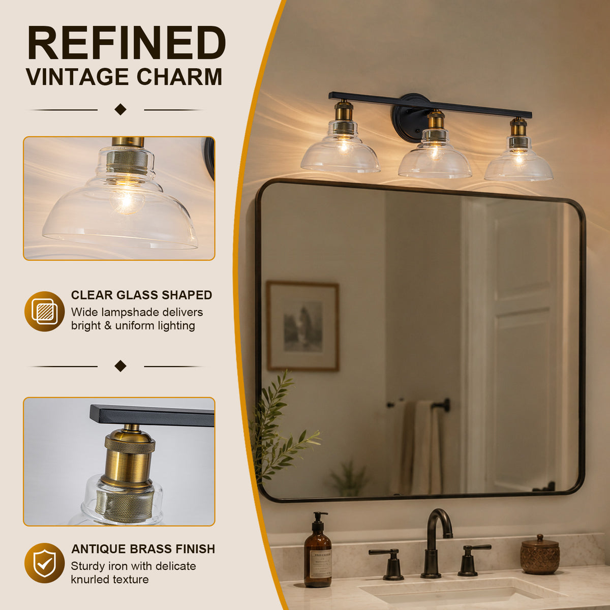 3-Light Bathroom Vanity Light Modern Clear Schoolhouse Glass Shades - product image 15 | Zenvolit