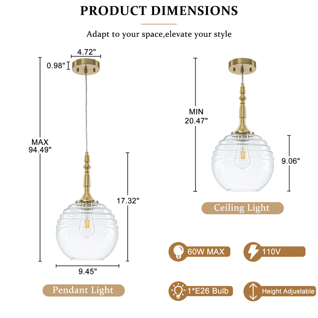 Clear Glass Globe Pendant Light Modern Transitional Hanging Light - product image 7 | Zenvolit