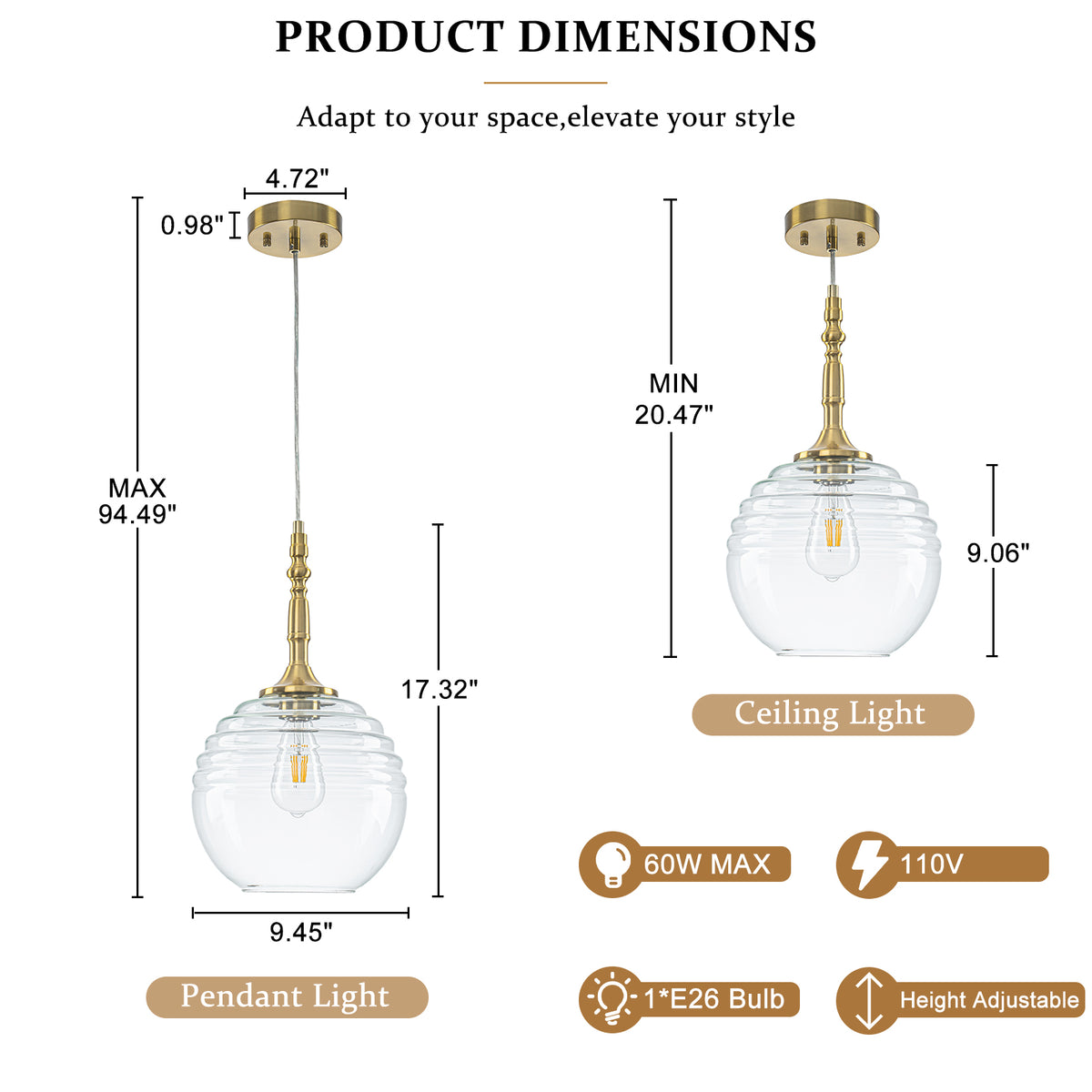 Clear Glass Globe Pendant Light Modern Transitional Hanging Light - product image 7 | Zenvolit