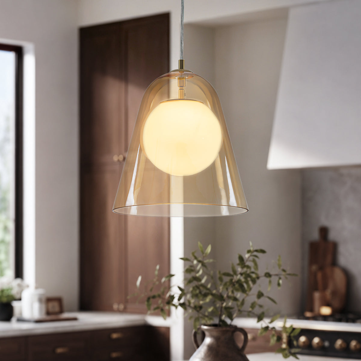 Modern Transitional Glass Pendant Light Cognac Milk White Globe - product image 2 | Zenvolit