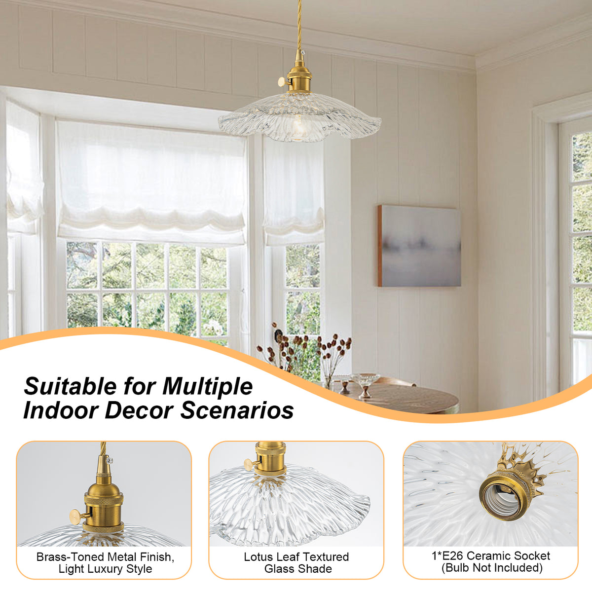 Modern Glass Pendant Light Clear Scalloped Glass Shade Dining Room - product image 16 | Zenvolit