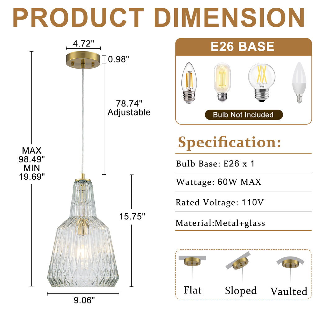 Glass Pendant Light Clear Textured Glass Vase Shade Kitchen Island - product image 6 | Zenvolit