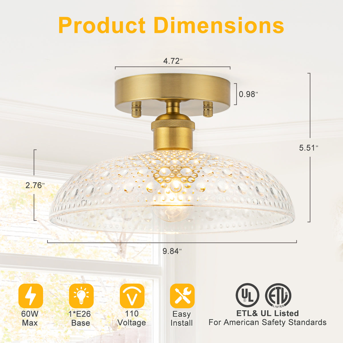 Flush Mount Ceiling Light Clear Seeded Glass Shade Bedroom Hallway