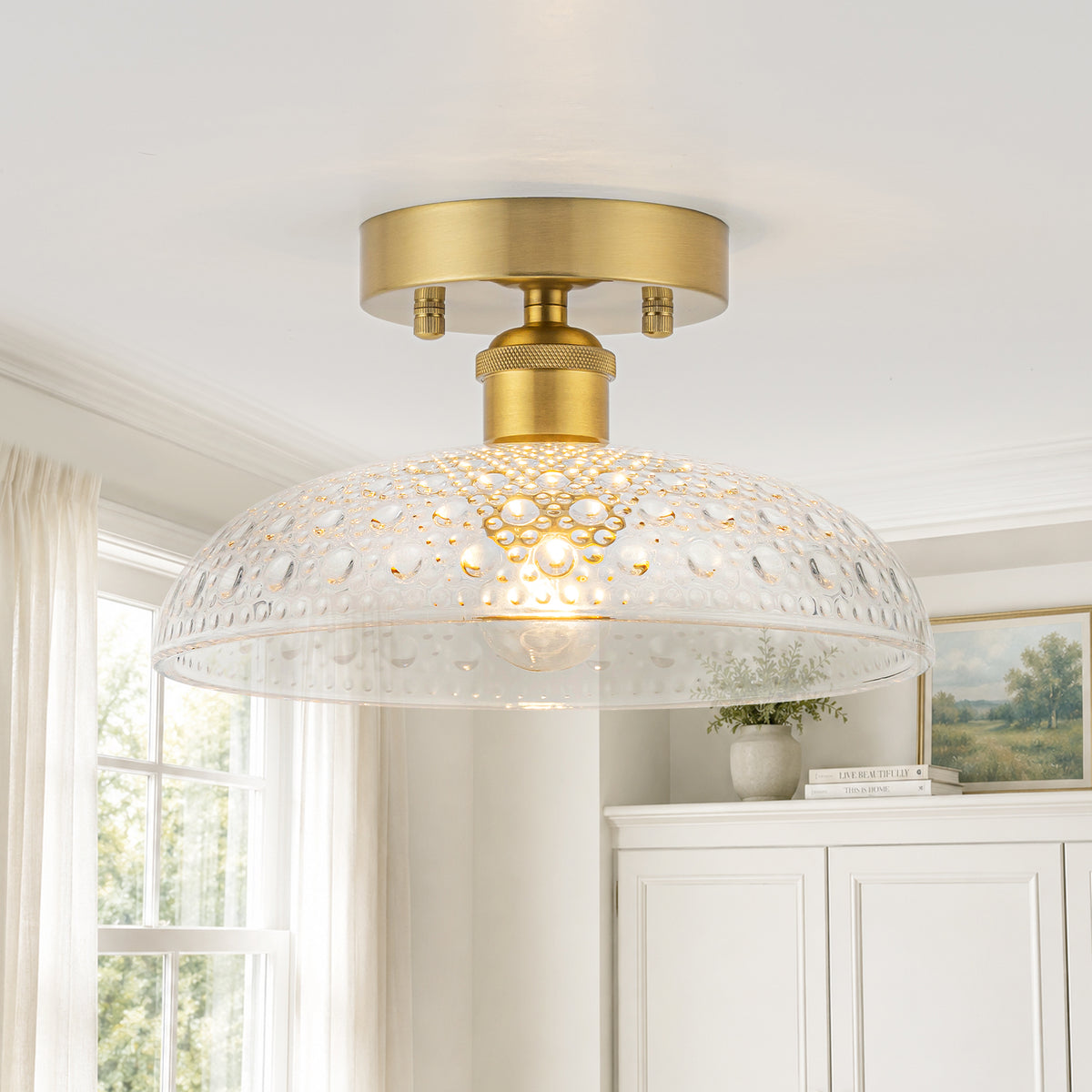 Flush Mount Ceiling Light Clear Seeded Glass Shade Bedroom Hallway