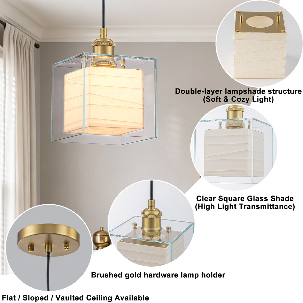 Modern Square Pendant Lighting Clear Glass Shade Geometric Kitchen - product image 13 | Zenvolit