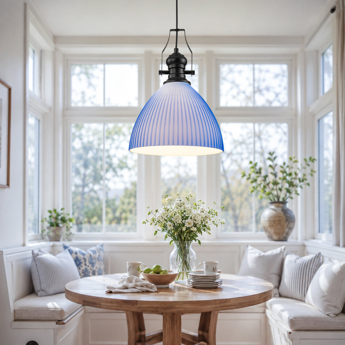 Modern Blue Glass Pendant Light, Striped Egg-Shaped Hanging Light - product image 2 | Zenvolit