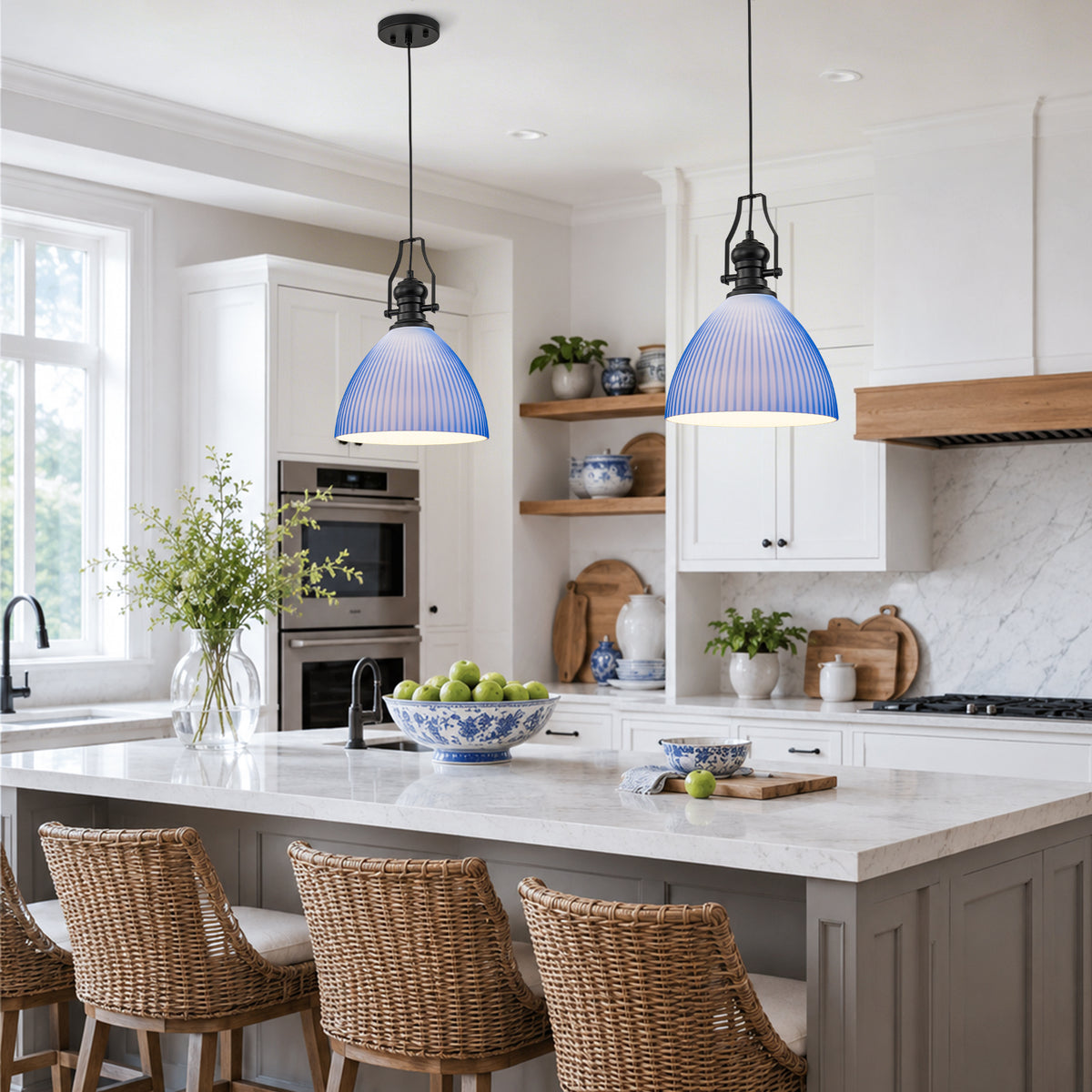 Modern Blue Glass Pendant Light, Striped Egg-Shaped Hanging Light - product image 3 | Zenvolit