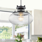 Matte Black Pendant Light Hanging Island Clear Ribbed Glass Shade - product image 3 | Zenvolit