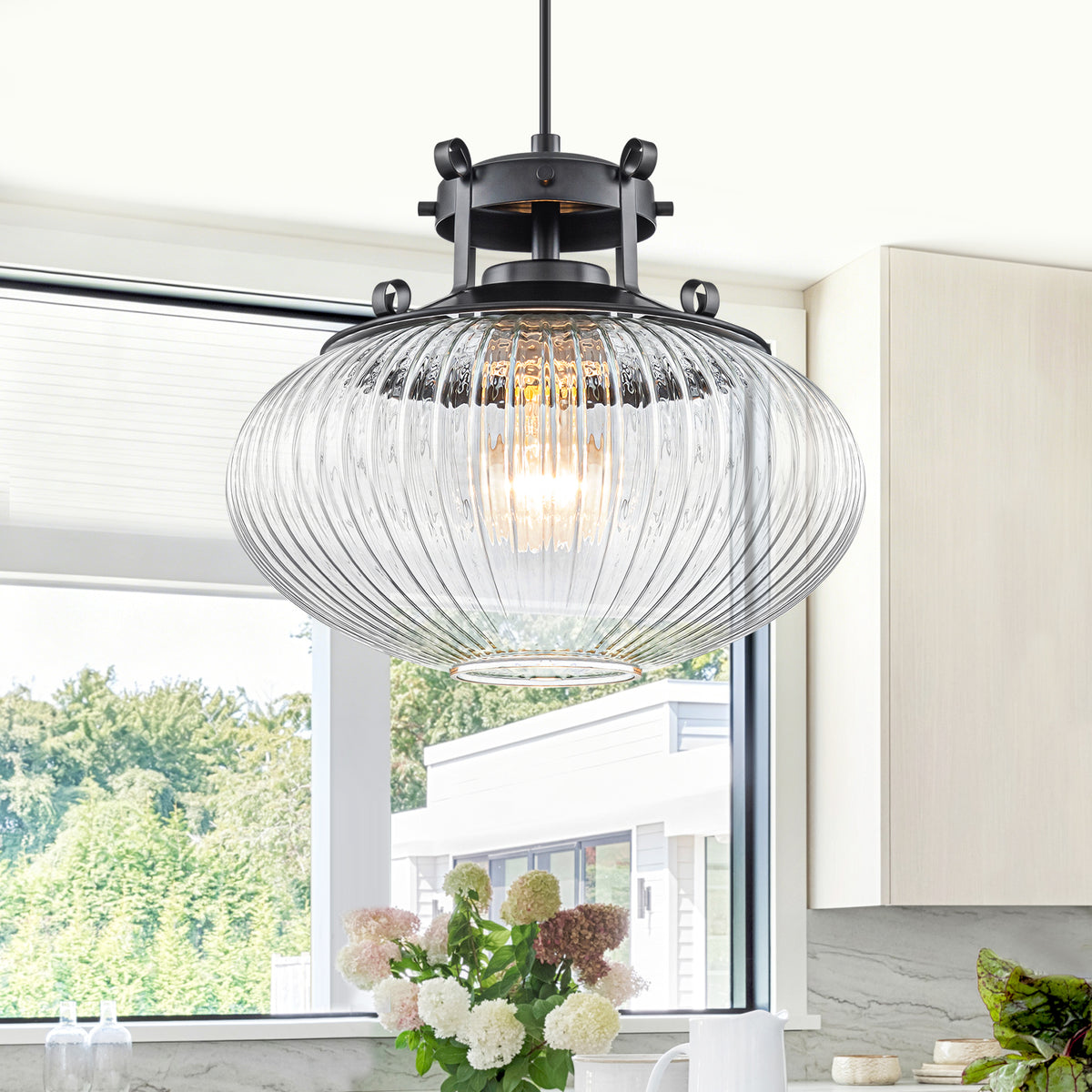 Matte Black Pendant Light Hanging Island Clear Ribbed Glass Shade - product image 3 | Zenvolit