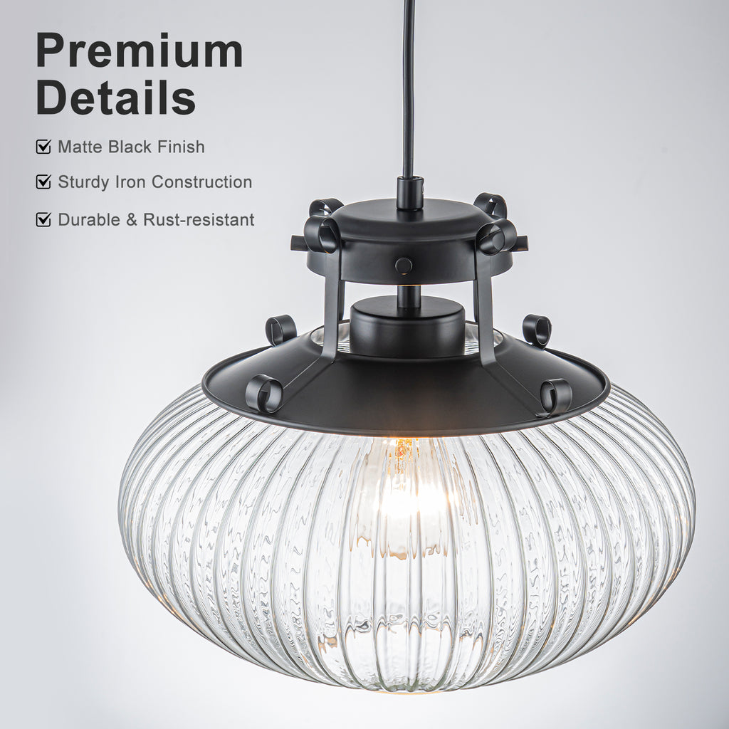 Matte Black Pendant Light Hanging Island Clear Ribbed Glass Shade - product image 6 | Zenvolit