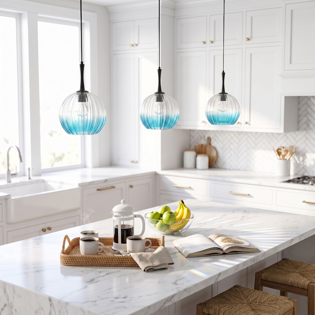 Modern Globe Pendant Light Ribbed Gradient Blue Glass Shade Kitchen - product image 2 | Zenvolit