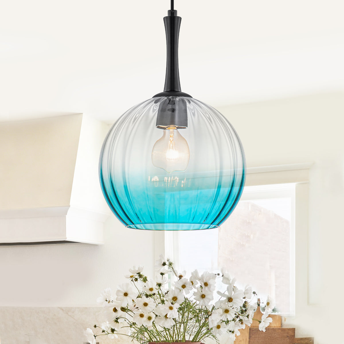 Modern Globe Pendant Light Ribbed Gradient Blue Glass Shade Kitchen - product image 3 | Zenvolit