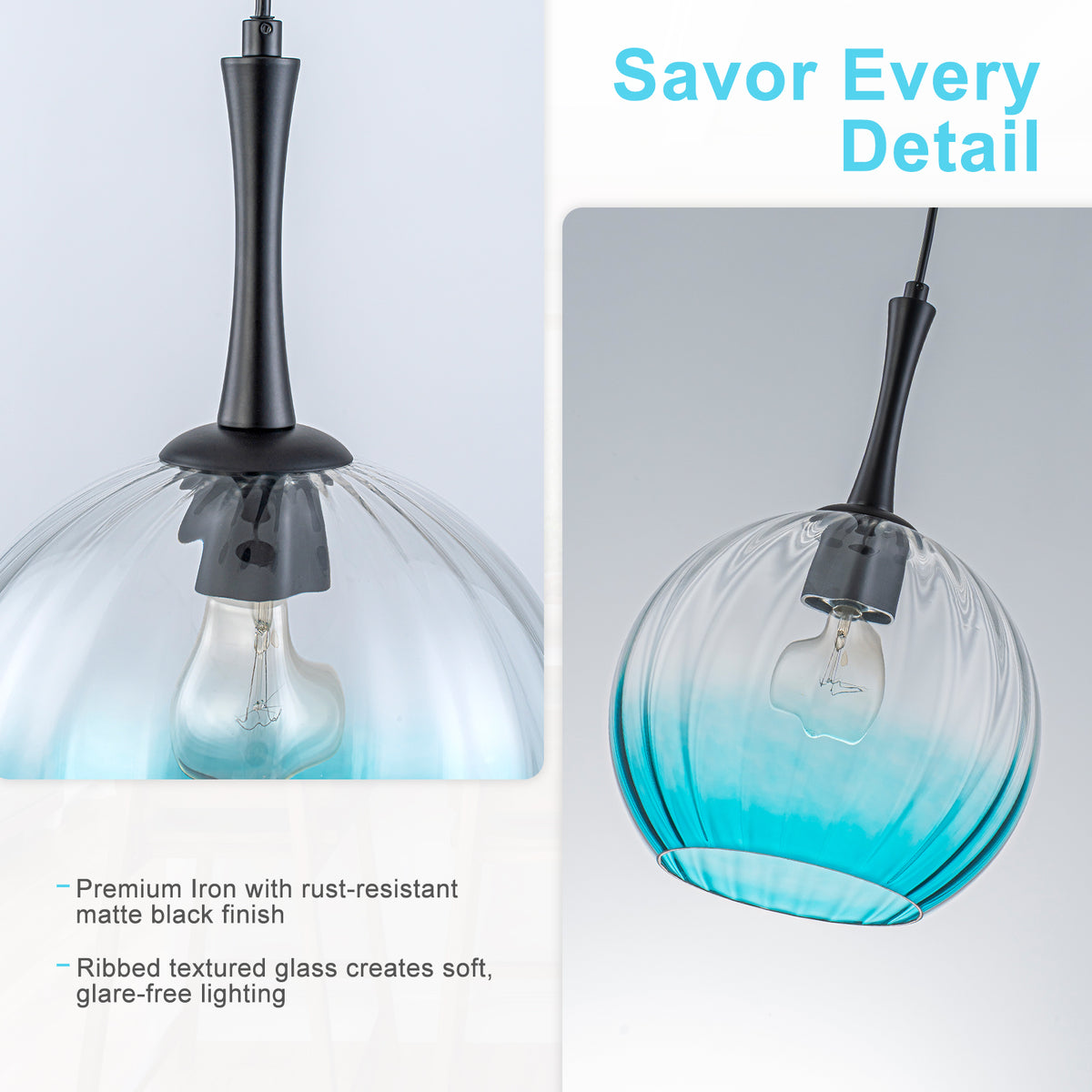 Modern Globe Pendant Light Ribbed Gradient Blue Glass Shade Kitchen - product image 5 | Zenvolit