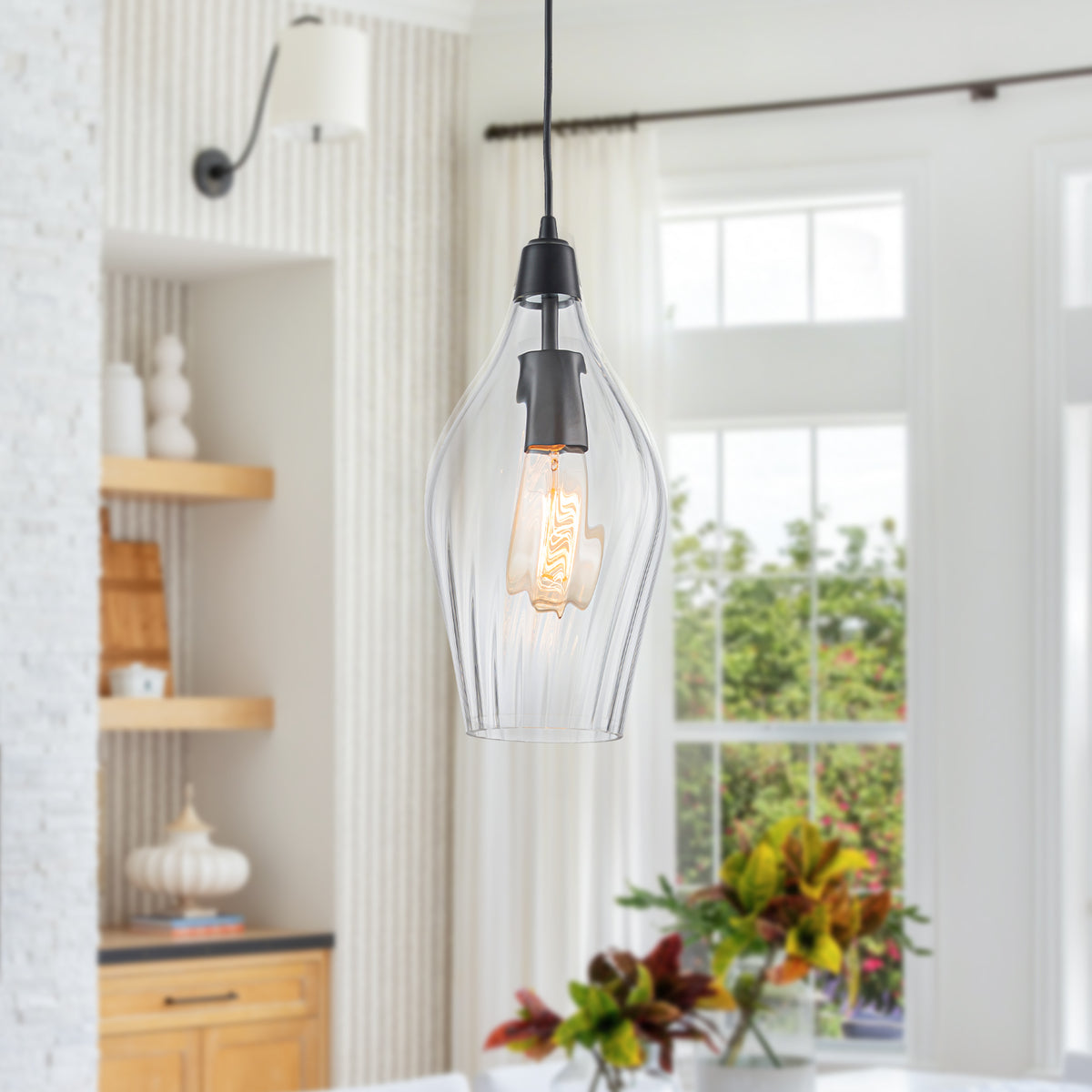 Modern Hanging Pendant Light Ribbed Clear Glass Shade Kitchen Island - product image 1 | Zenvolit
