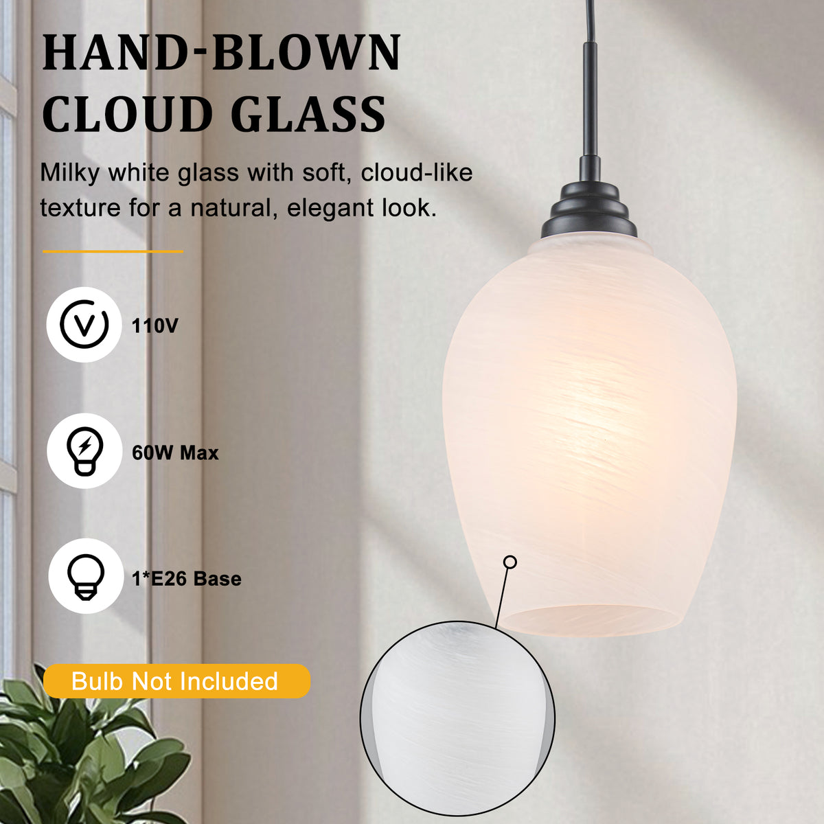 Modern Bowl Black Pendant Light Cloud Glass Shade for Kitchen Island - product image 8 | Zenvolit