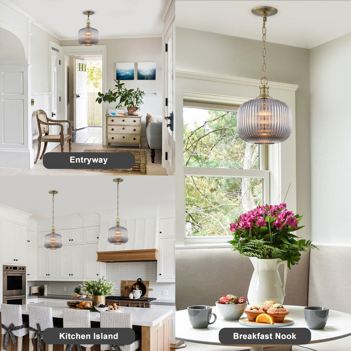 Vintage Ribbed Glass Pendant Light Clear Striped Pumpkin Shade Gold - product image 1 | Zenvolit