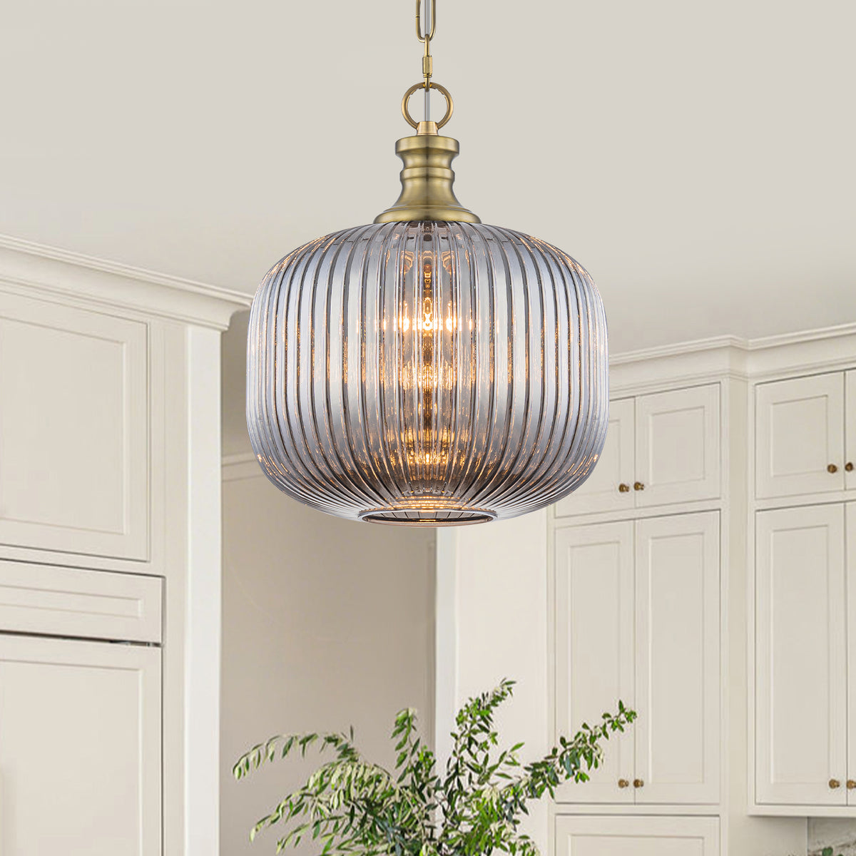 Vintage Ribbed Glass Pendant Light Clear Striped Pumpkin Shade Gold - product image 3 | Zenvolit