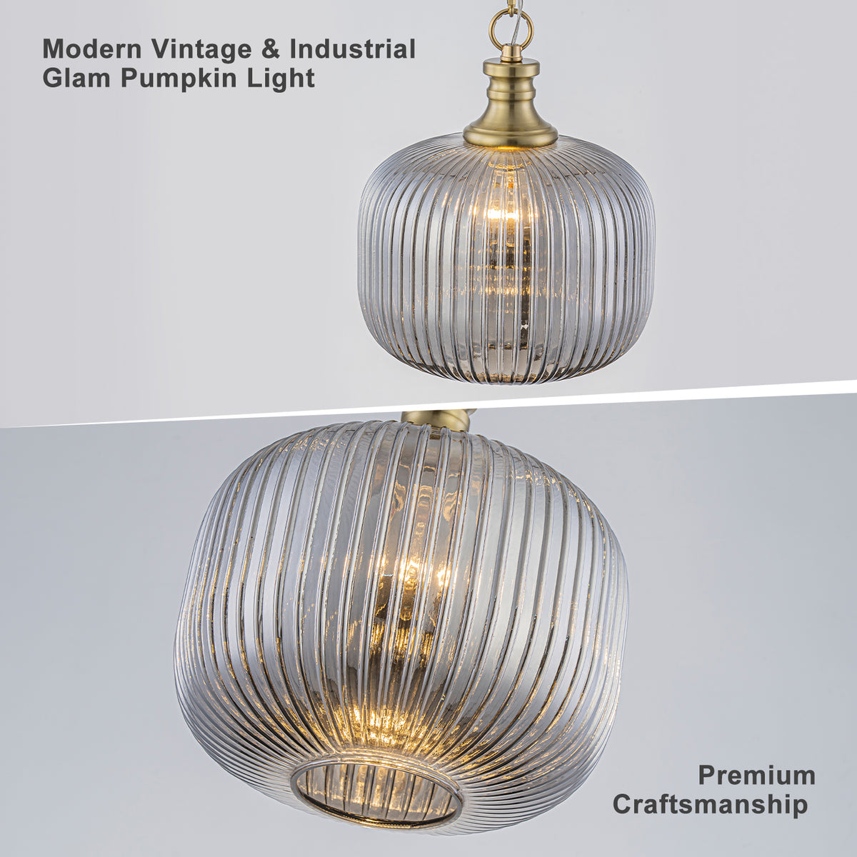 Vintage Ribbed Glass Pendant Light Clear Striped Pumpkin Shade Gold - product image 4 | Zenvolit