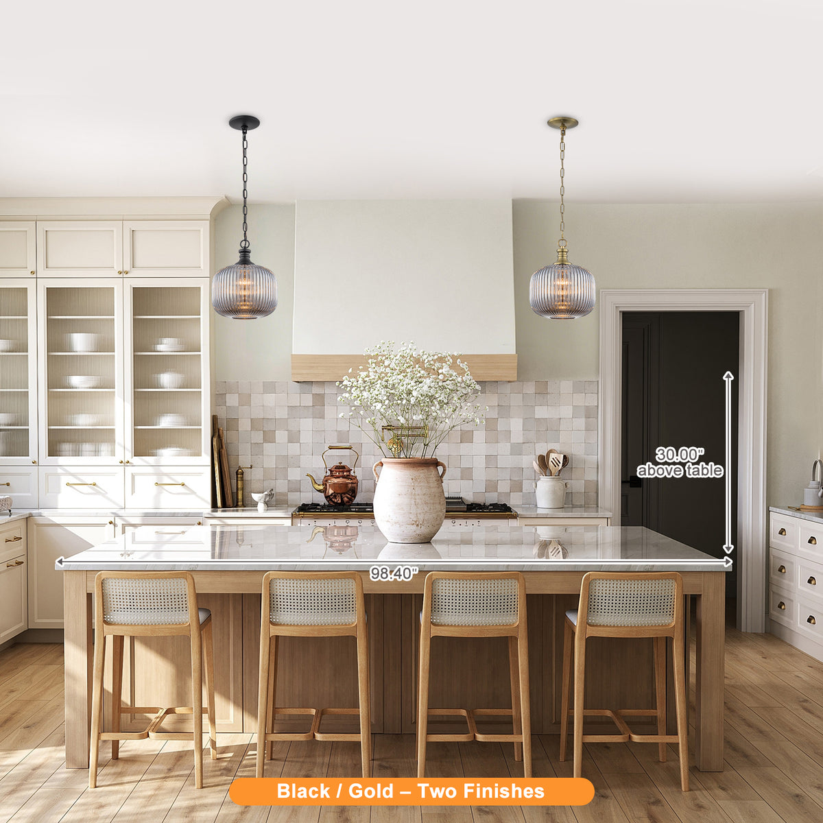 Vintage Ribbed Glass Pendant Light Clear Striped Pumpkin Shade Black - product image 1 | Zenvolit