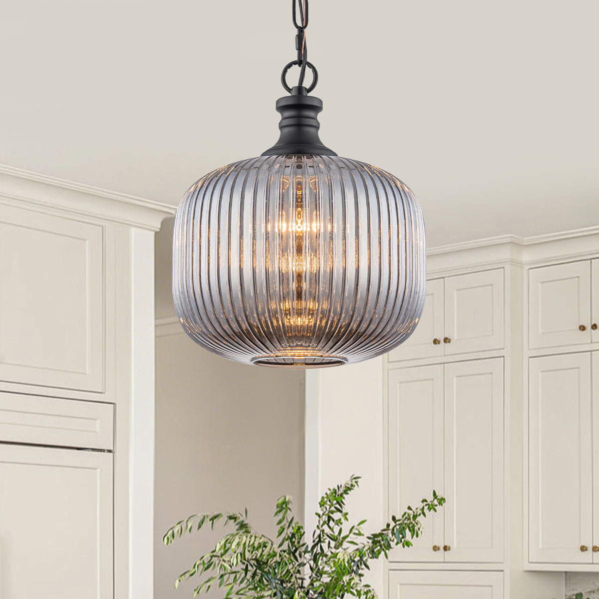 Vintage Ribbed Glass Pendant Light Clear Striped Pumpkin Shade Black - product image 3 | Zenvolit